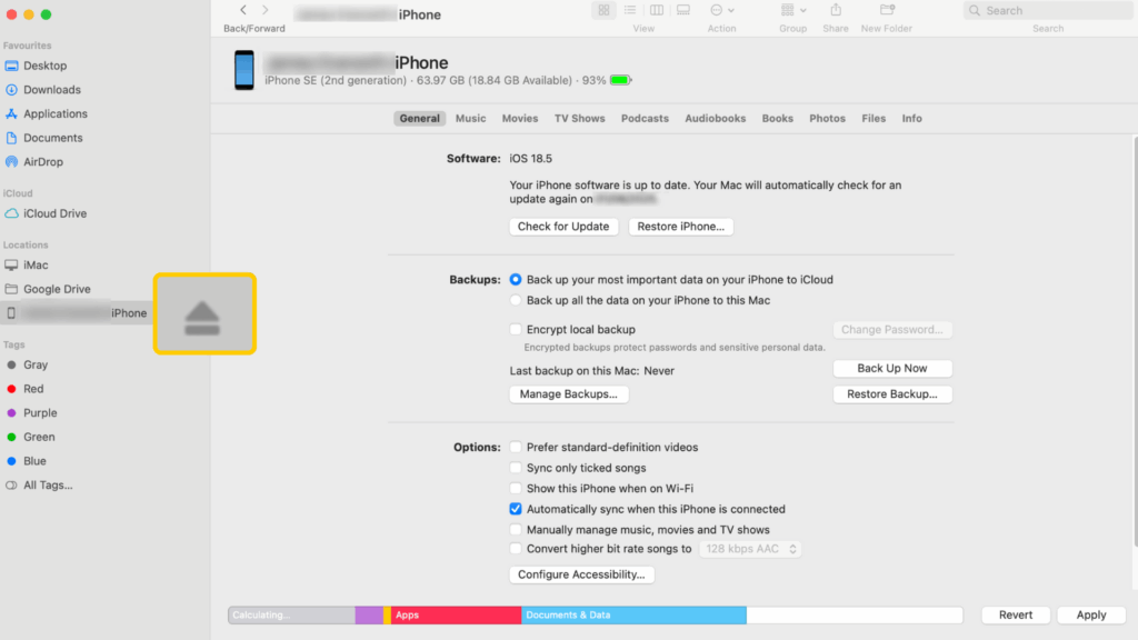 Screenshot of the Finder app on macOS. The eject button for the iPhone tab is enlarged and highlighted.