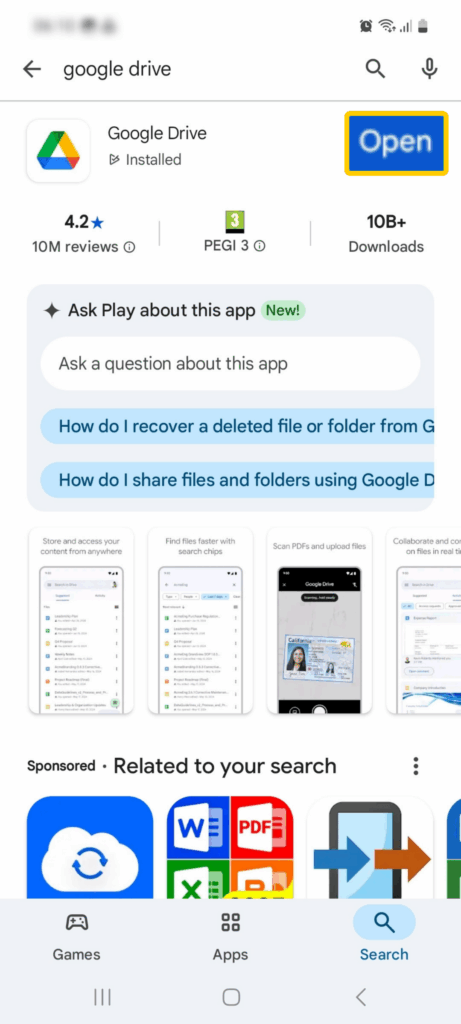 Screenshot of the Google Drive app on the Google Play Store.