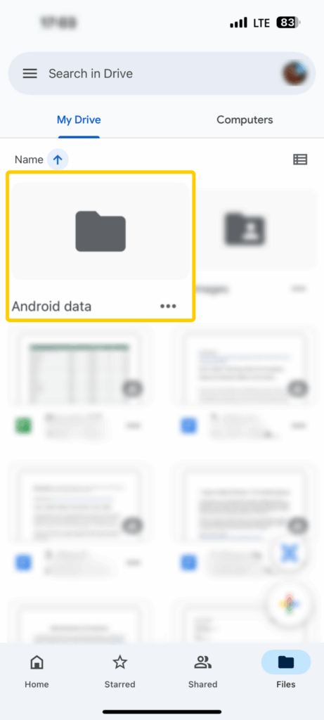 Screenshot of Google Drive folders and files on iOS. The "Android data" folder is enlarged and highlighted.