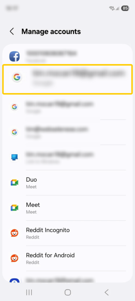 Screenshot showing the "Manage accounts" page on an Android device. A Google Account is highlighted and enlarged.
