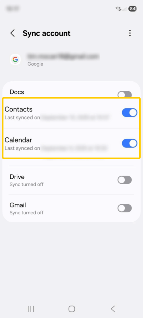 Screenshot showing the sync settings for a Google Account on Android. The "Contacts" and "Calendar" options are enlarged, highlighted, and enabled.