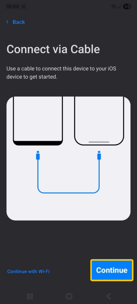 Screenshot of the "Connect via Cable" screen on the Move to iOS app on Android.