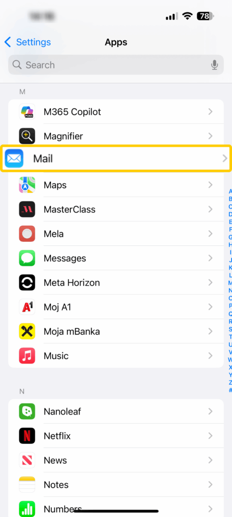 Screenshot showing the "Apps" page on iOS. The "Mail" option is enlarged and highlighted.