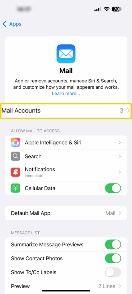 Screenshot showing the "Mail" page on iOS. The "Mail Accounts" option is enlarged and highlighted.
