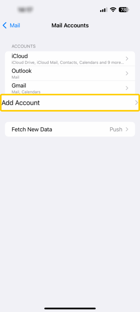 Screenshot showing the "Mail Accounts" page on iOS. The "Add Account" button is enlarged and highlighted.