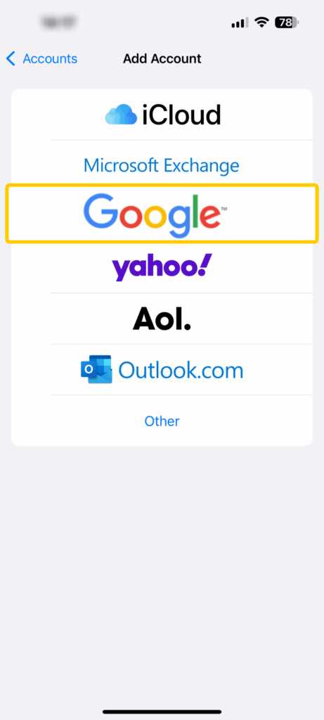 Screenshot showing the "Add Account" window on iOS. The "Google" option is enlarged and highlighted.