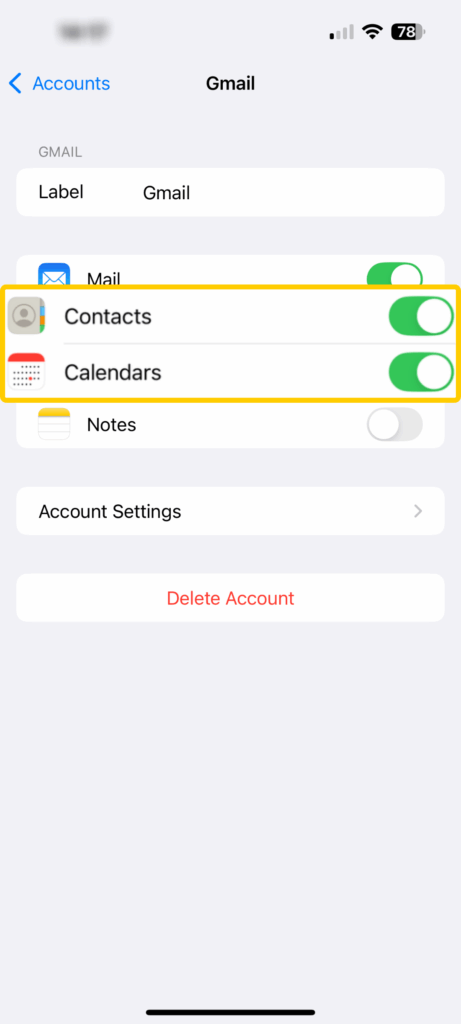 Screenshot of the "Gmail" page on iOS. The "Contacts" and "Calendars" options are enlarged, highlighted, and enabled.
