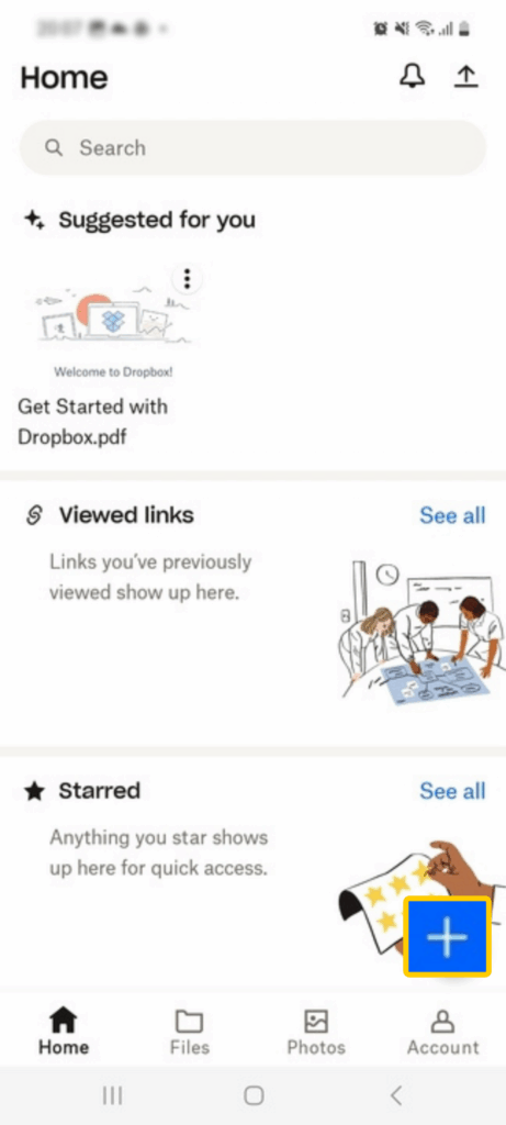 Screenshot of the Dropbox app on Android. The blue upload button is enlarged and highlighted.