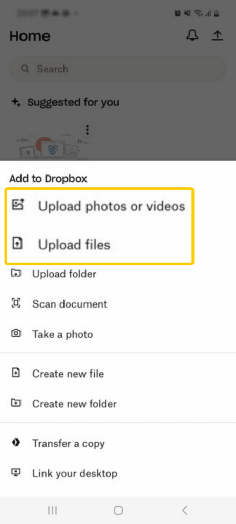 Screenshot of the Dropbox upload settings window on Android.