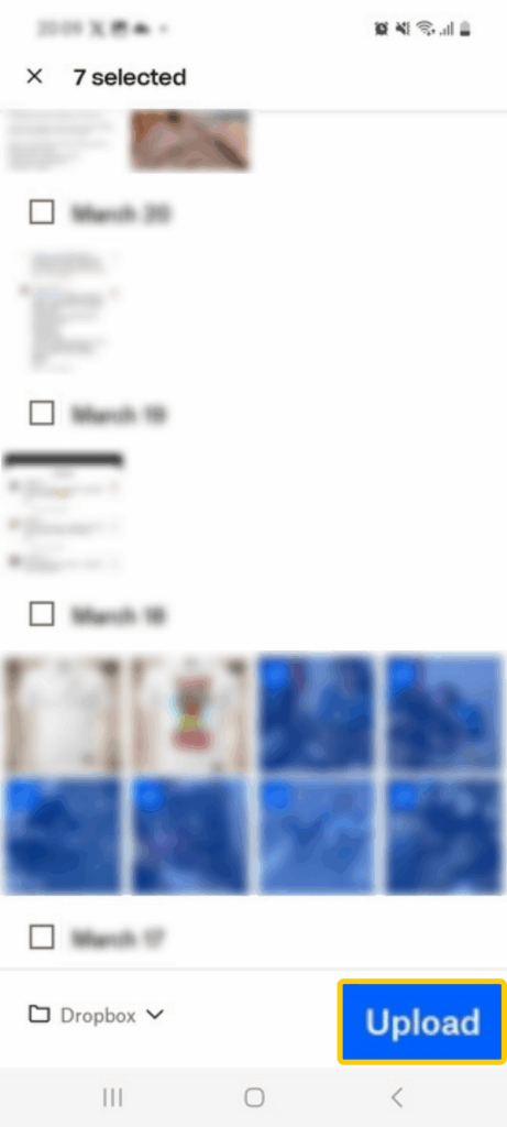 Screenshot showing Android files that can be uploaded to Dropbox.