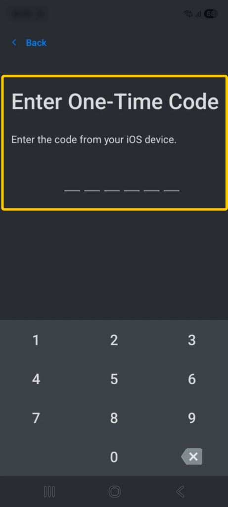 Screenshot of the one-time code screen on the Move to iOS app on Android.