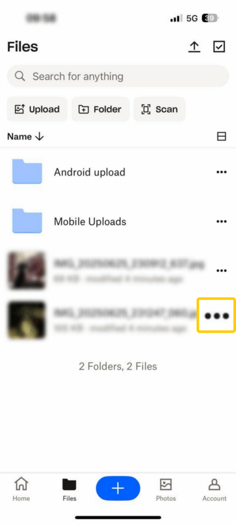 Screenshot showing the uploaded files on the iOS Dropbox app. The three-dot icon next to one uploaded image is enlarged and highlighted.