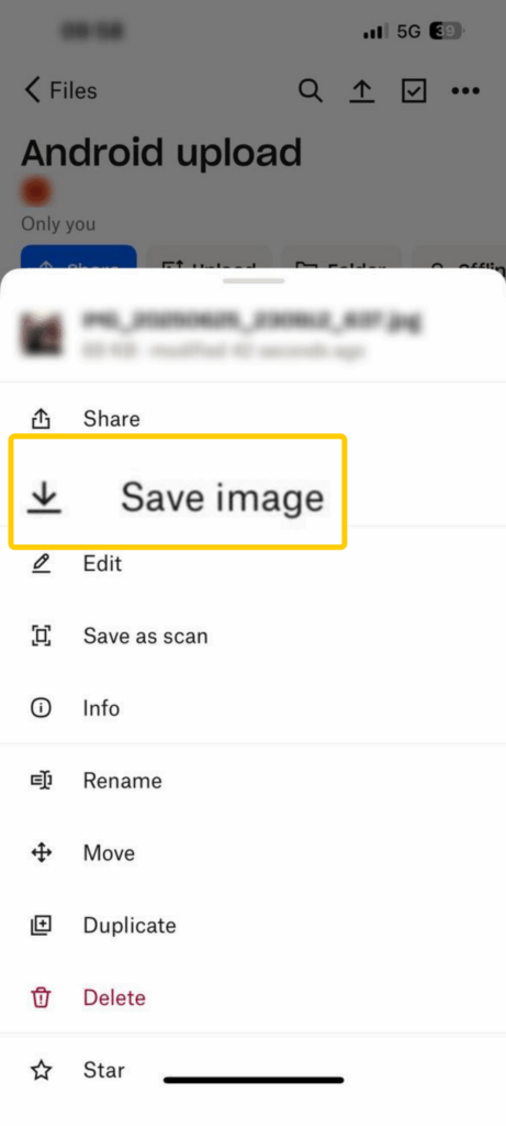 Screenshot showing the settings for an uploaded file on the iOS Dropbox app. The "Save image" option is enlarged and highlighted.