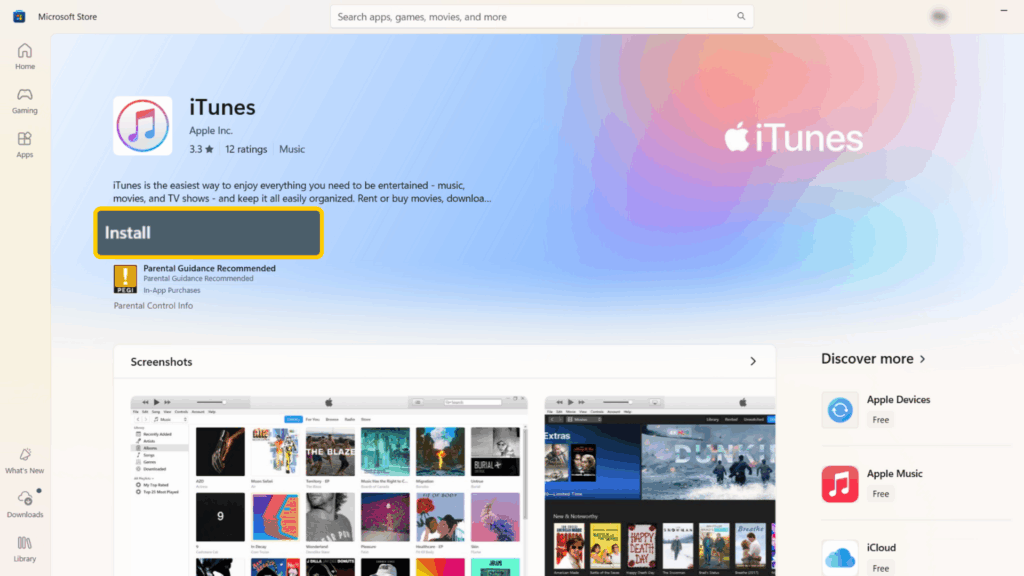 Screenshot of the iTunes app on the Microsoft Store. The "Install" button is enlarged and highlighted.