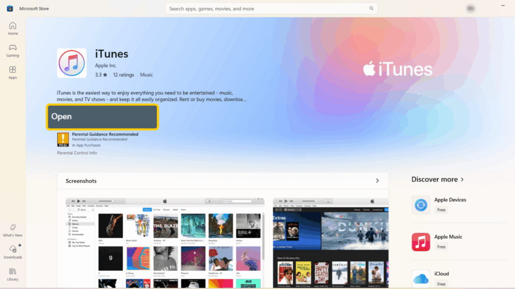 Screenshot of the iTunes app on the Microsoft Store. The "Open" button is enlarged and highlighted.