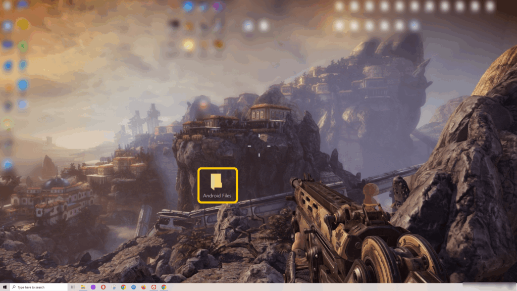 Screenshot of a desktop screen on Windows. There's a folder labeled "Android Files," which is enlarged and highlighted.