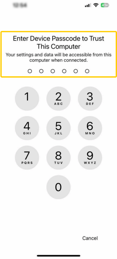 Screenshot of the "Enter Device Passcode to Trust This Computer" screen on an iPhone.