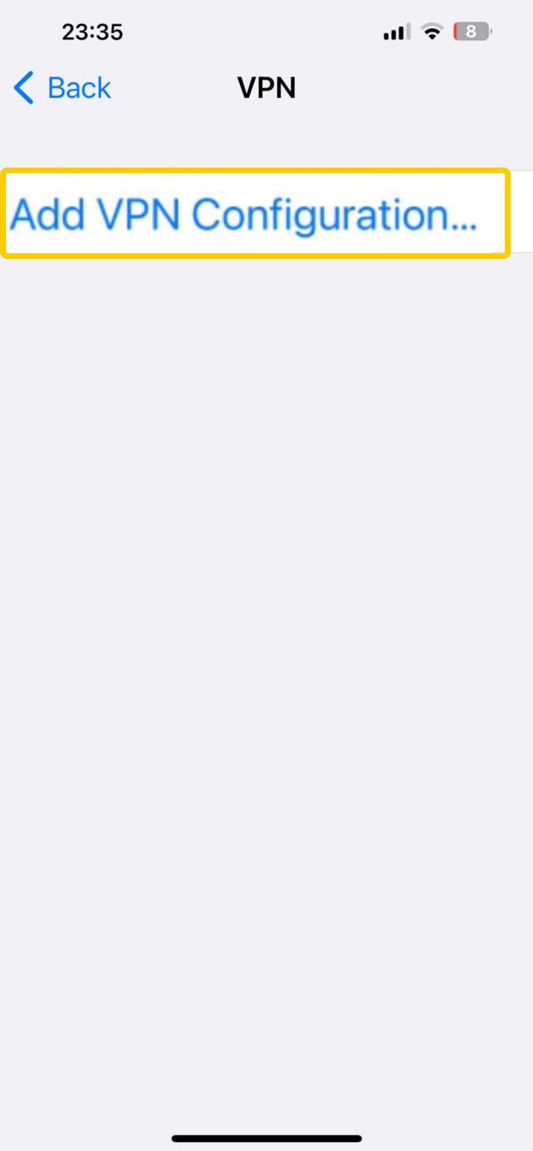 Screenshot highlighting the "Add VPN Configuration" option on iPhone