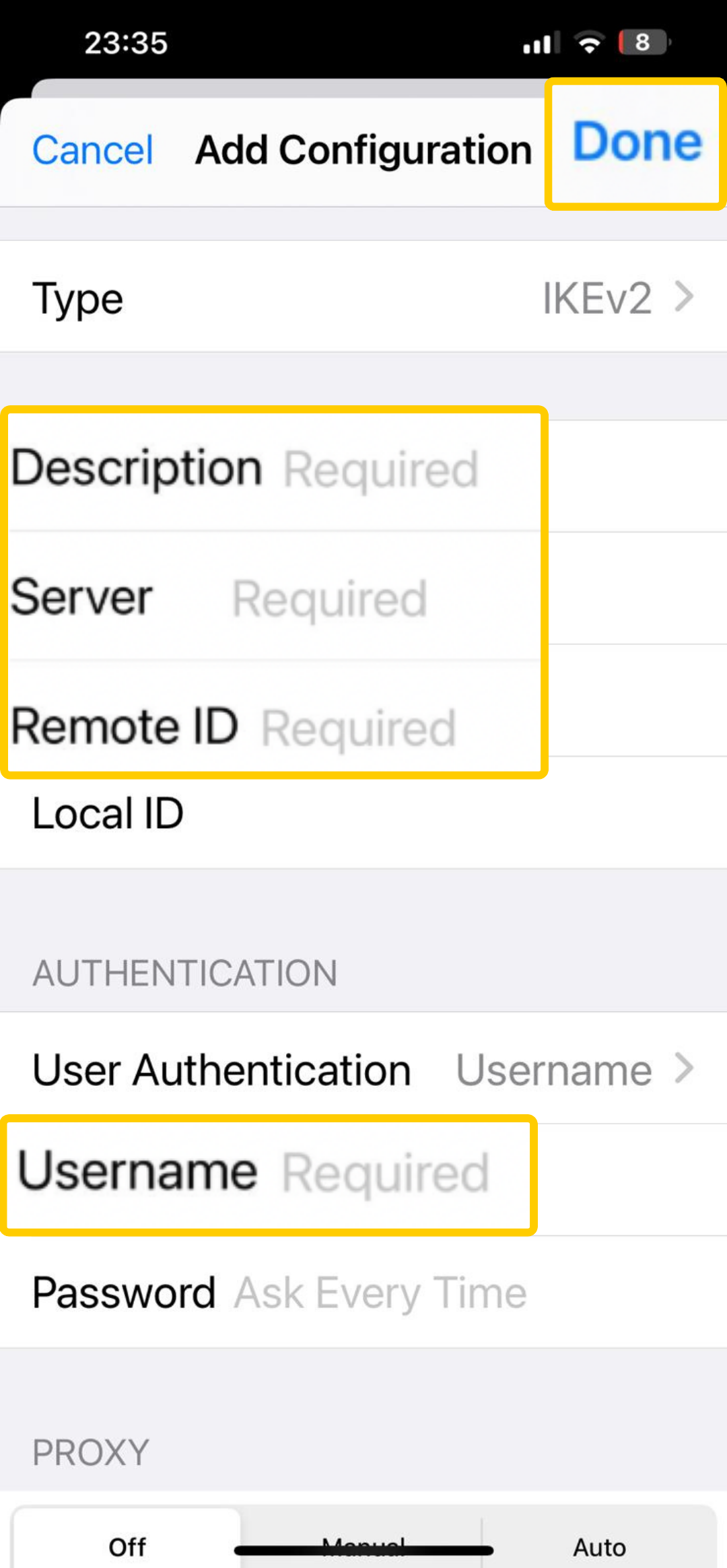 Screenshot of VPN configuration settings on iPhone