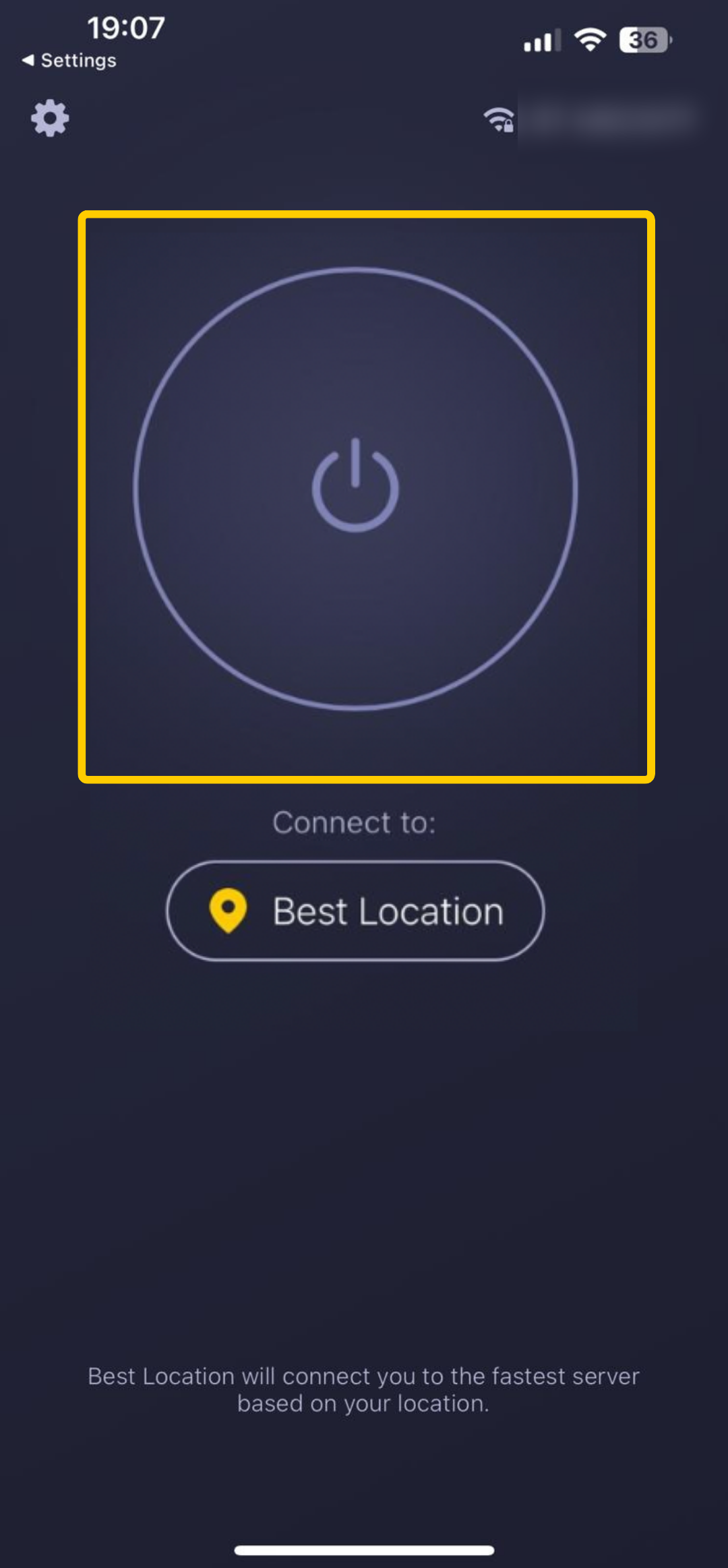 Screenshot of the Connect button turned off in the CyberGhost VPN iOS app