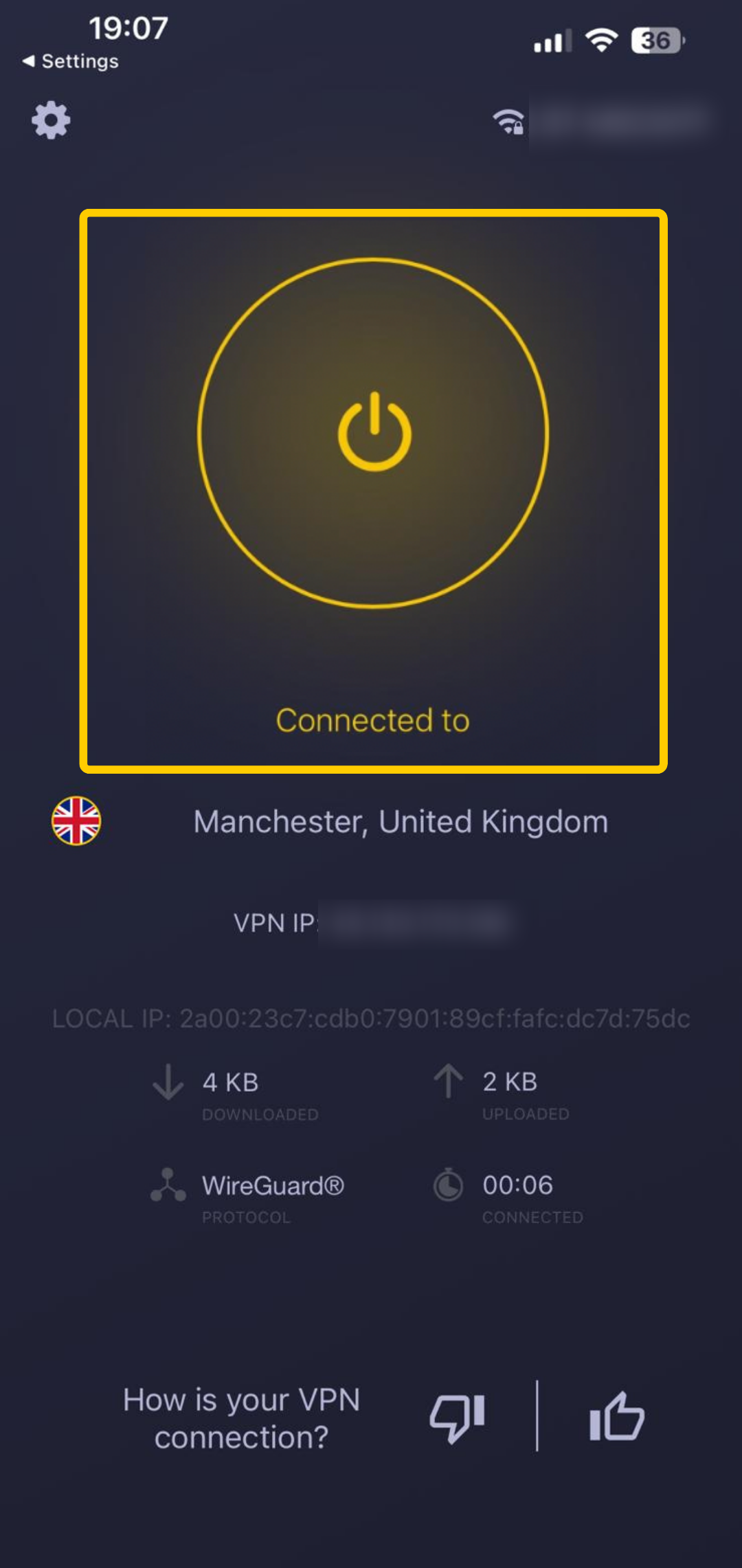 Screenshot highlighting the Connect button turned on in the CyberGhost VPN iOS app