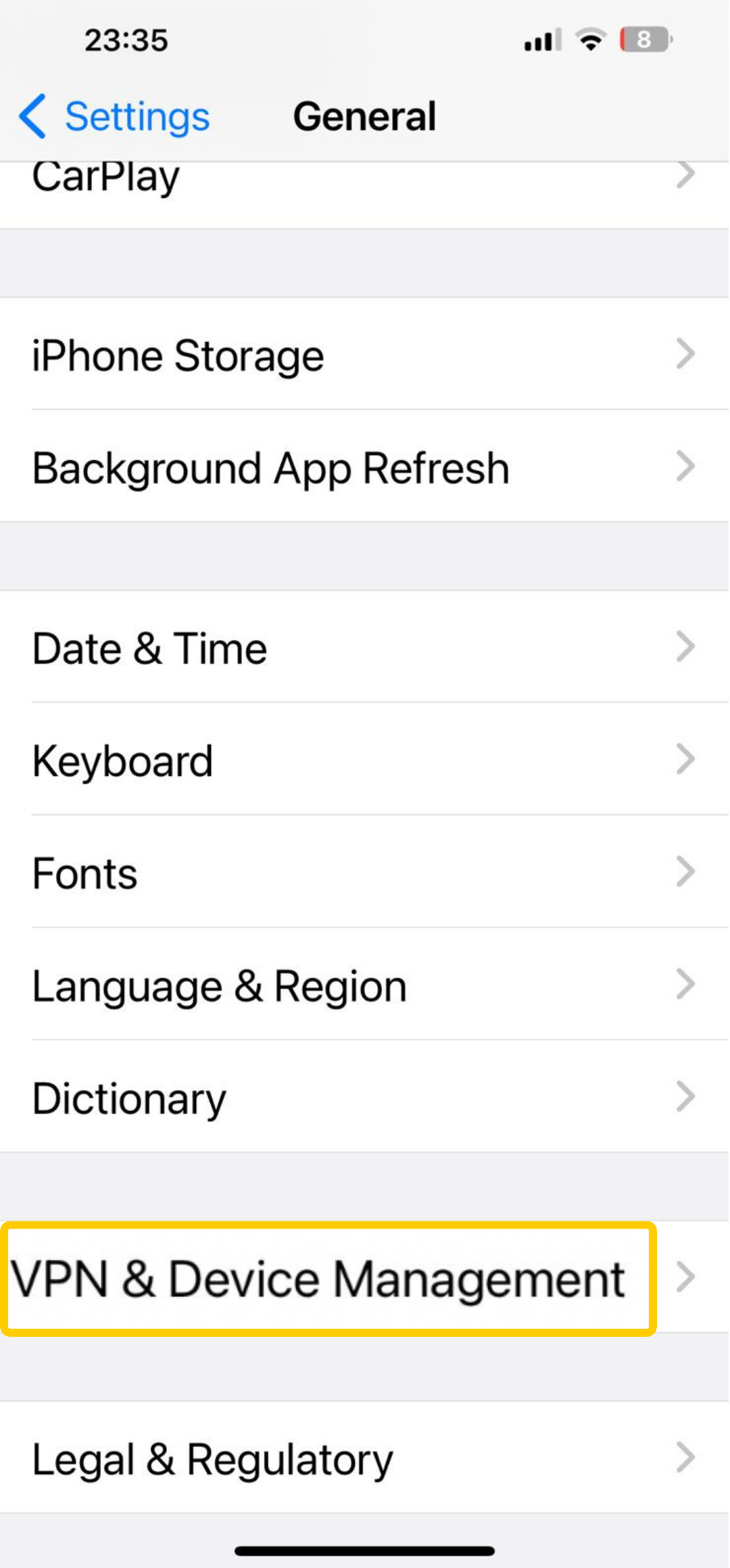 Screenshot of VPN and Device Management settings on iPhone