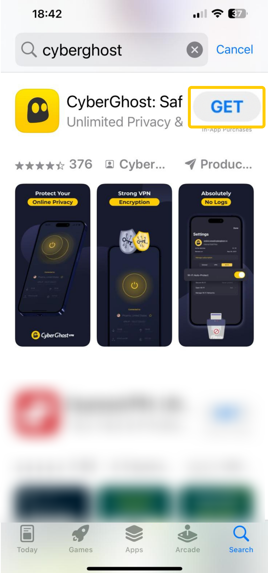 Screenshot of CyberGhost VPN in the App Store