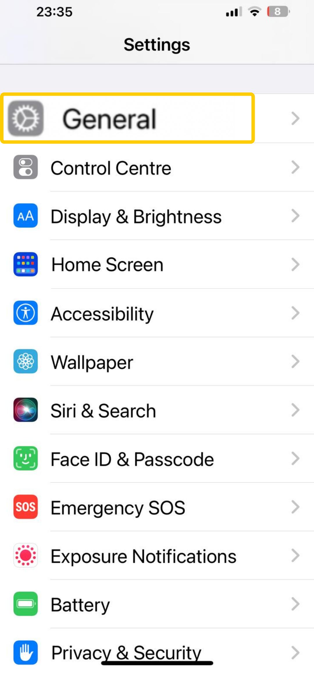 Screenshot of iPhone settings, highlighting the "General" option