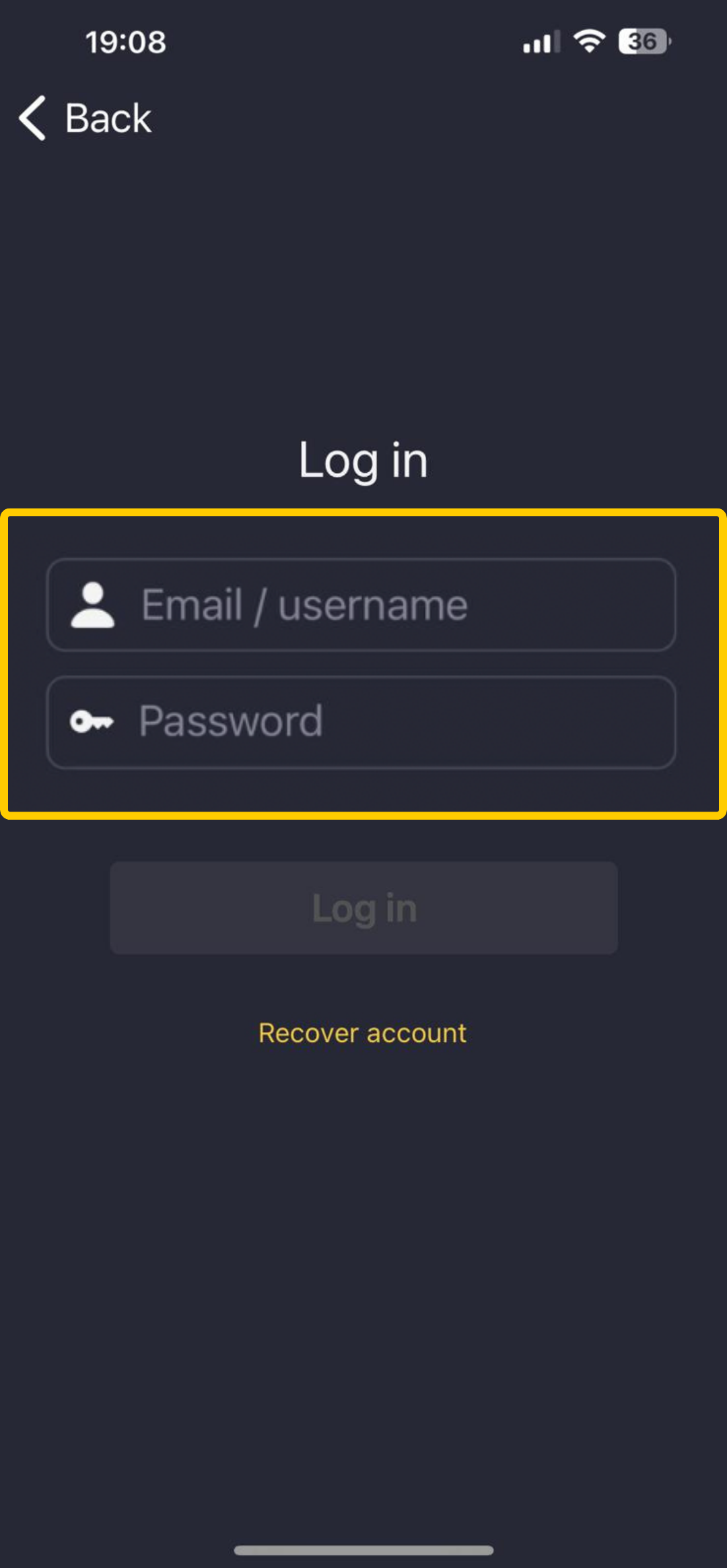 Screenshot of the login page in the CyberGhost VPN iOS app
