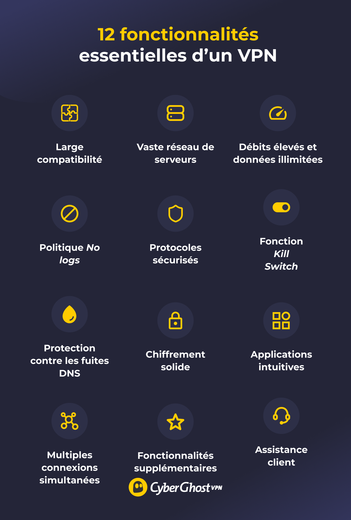 Infographie présentant 12 fonctionnalités VPN à rechercher.