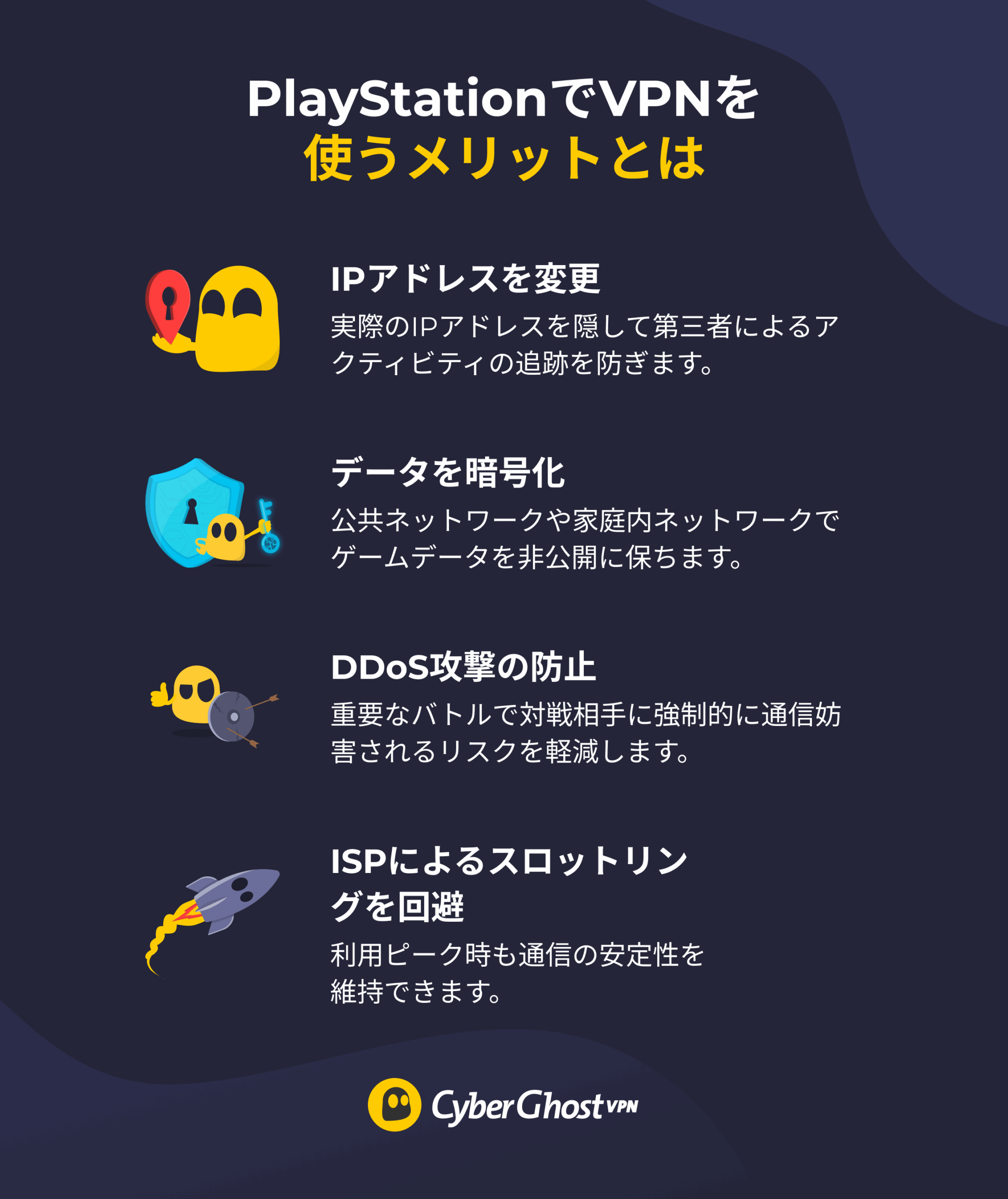 PSでVPNを利用するメリット一覧のインフォグラフィック