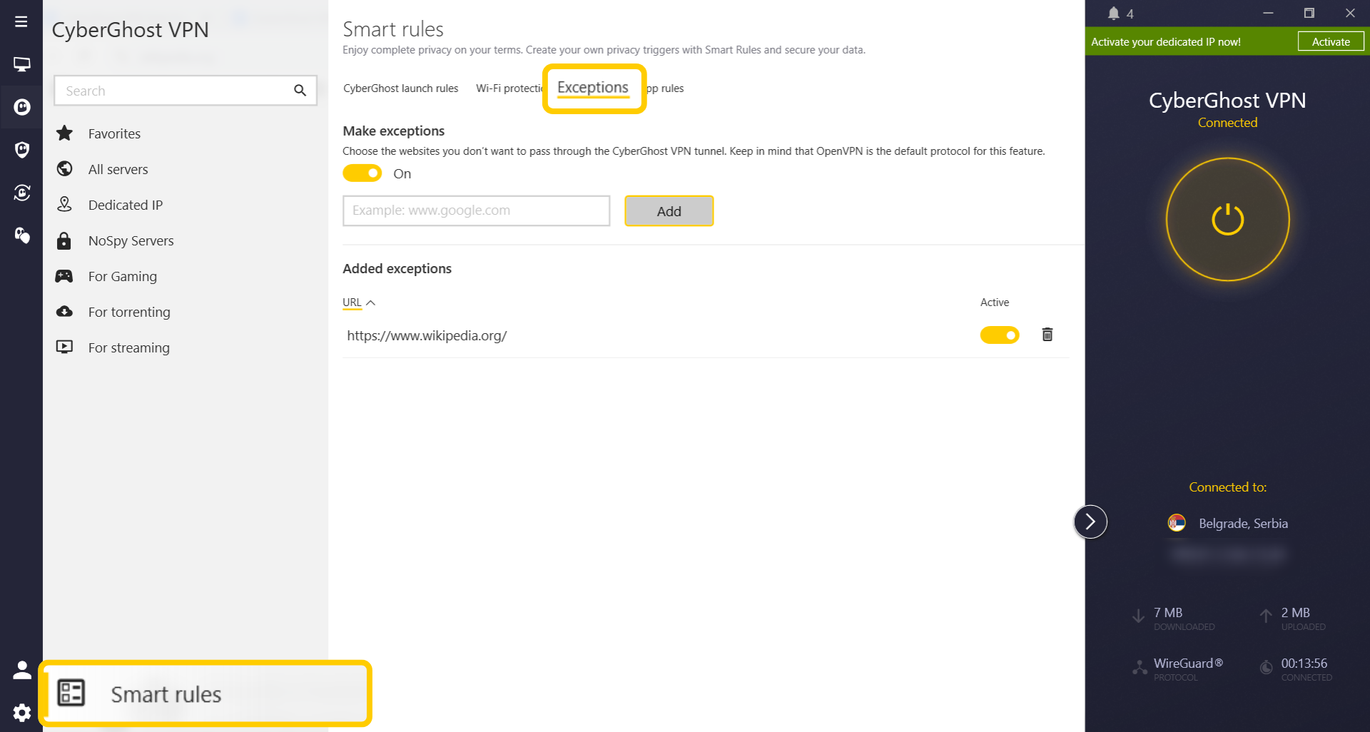 Screenshot of the CyberGhost VPN Windows app showing Smart Rules.