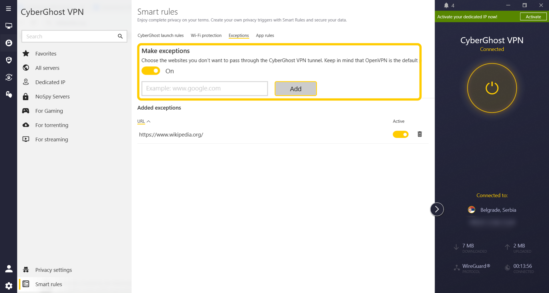 Screenshot of the CyberGhost VPN Windows app showing how to add Exceptions.