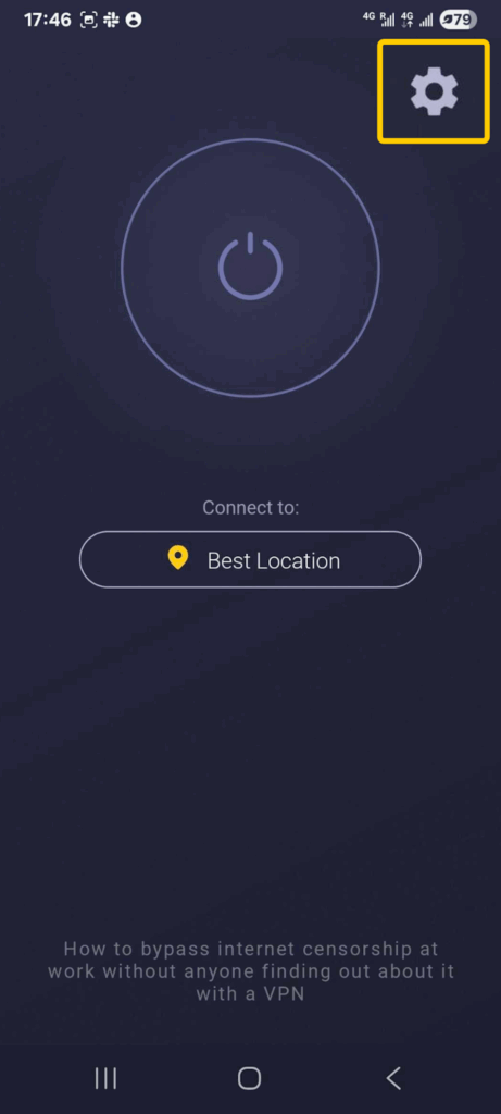 Screenshot of the CyberGhost VPN Android app home screen with the settings icon highlighted in the top right corner.