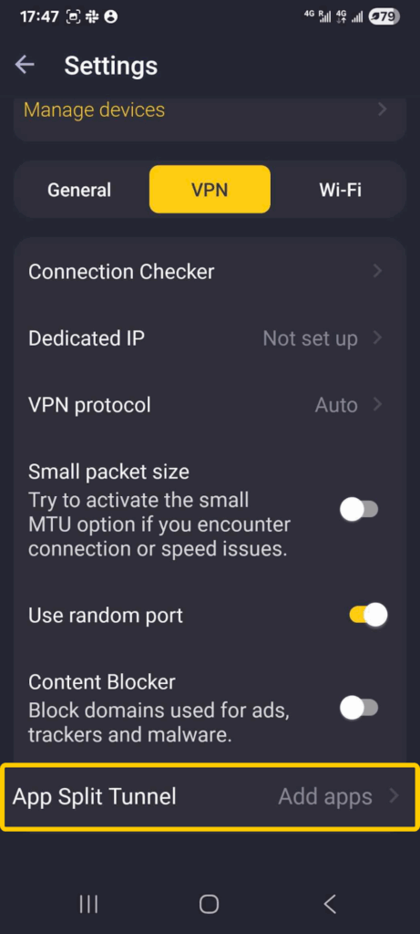 CyberGhost VPN Android app settings screen with the "App Split Tunnel" option highlighted under the VPN tab.