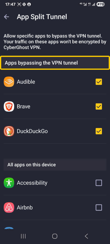CyberGhost VPN Android app showing the "App Split Tunnel" screen with selected apps set to bypass the VPN tunnel.