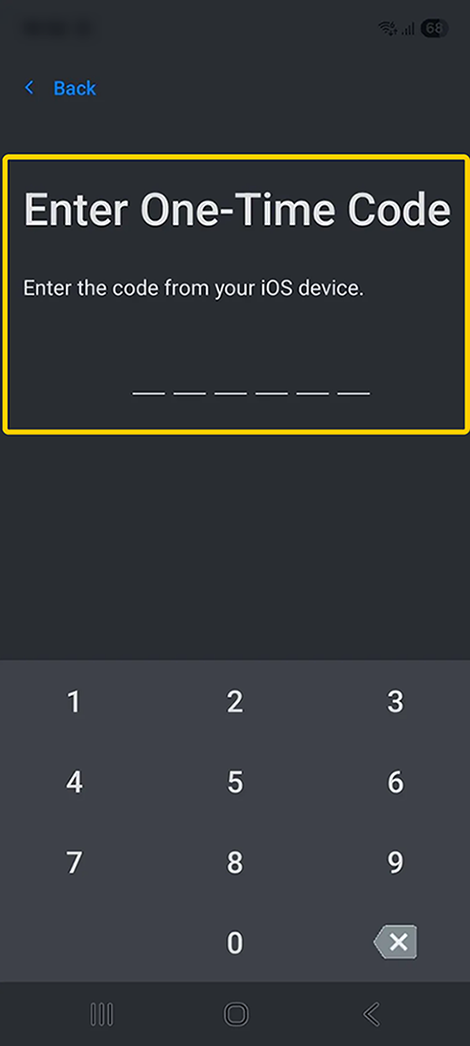 Screenshot of the one-time code screen on the Move to iOS app on Android.