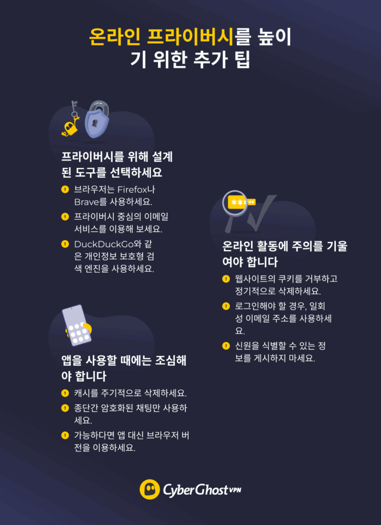 온라인 프라이버시를 높이는 다양한 팁을 자세히 설명한 인포그래픽입니다.