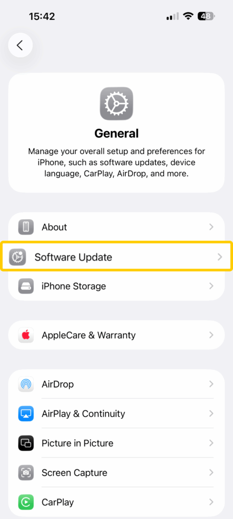 iPhone settings menu showing the General menu, with Software Update highlighted.