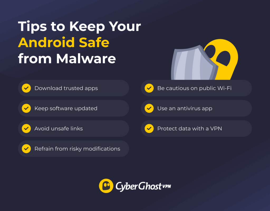 An infographic showing 7 tips to protect an Android phone from malware