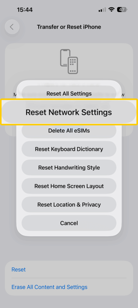 Options that appear before you decide to reset your iPhone, focusing on resetting network settings.