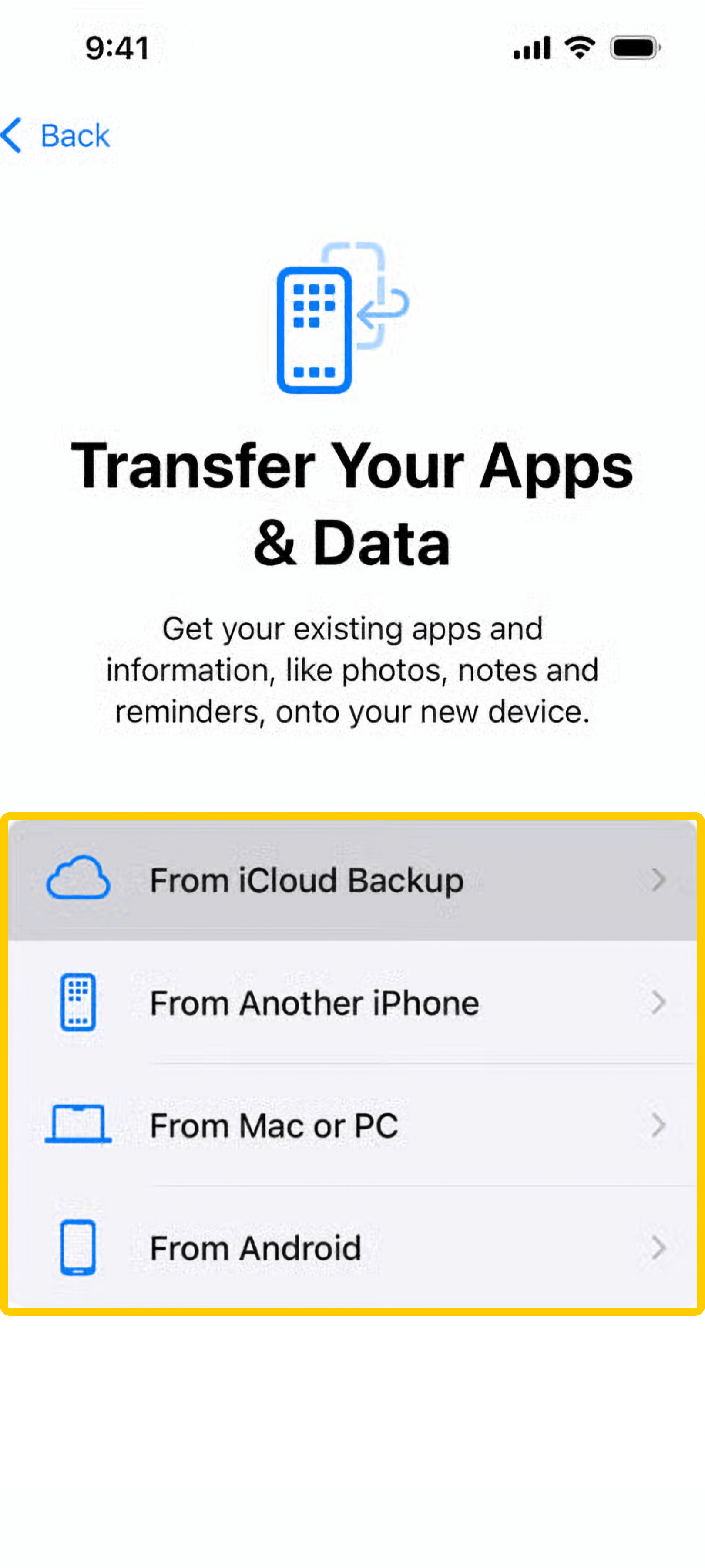 A screen that shows upon setting up a new iPhone, with options to restore from backup.