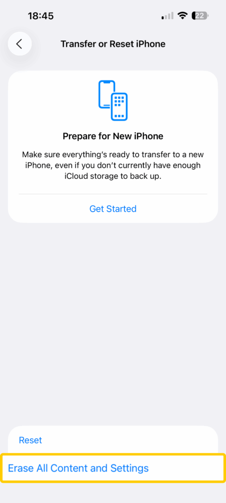 The iOS Settings app screen that allows you to fully reset your iPhone and delete all content and settings.