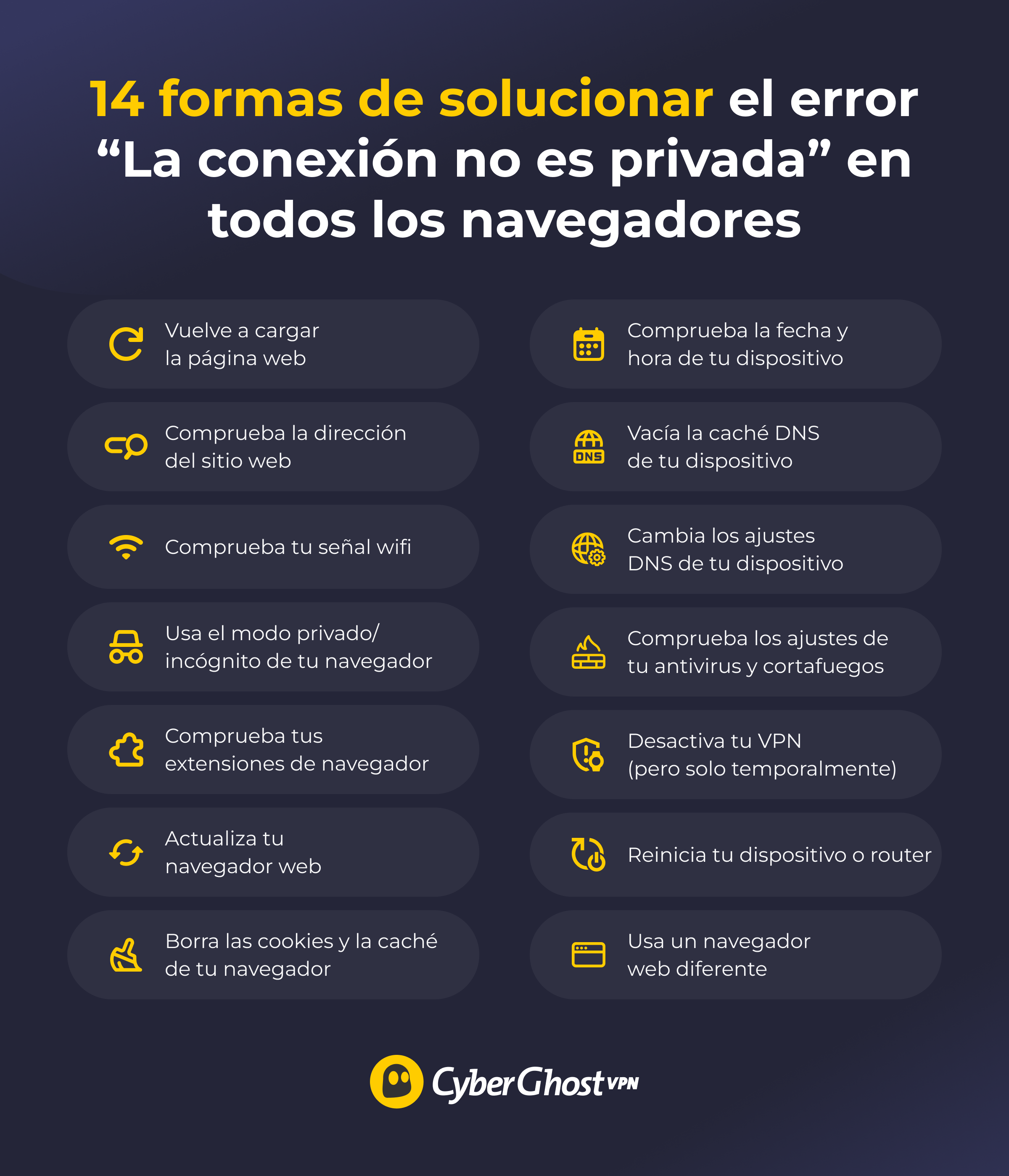Infografía que muestra 14 formas de solucionar el error “La conexión no es privada” en todos los navegadores.