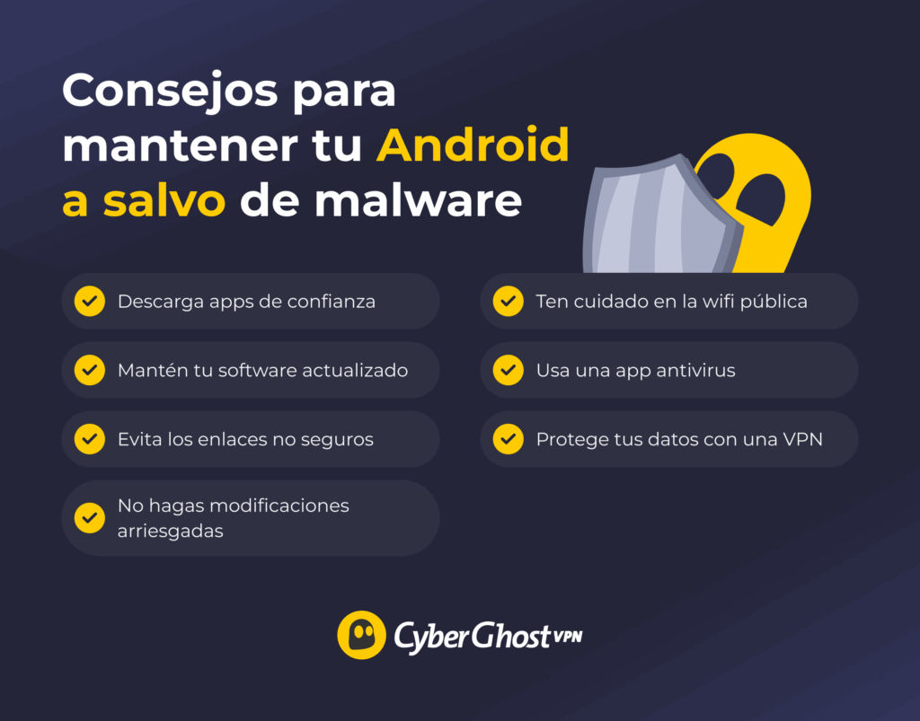 Infografía con 7 consejos para proteger un teléfono Android del malware