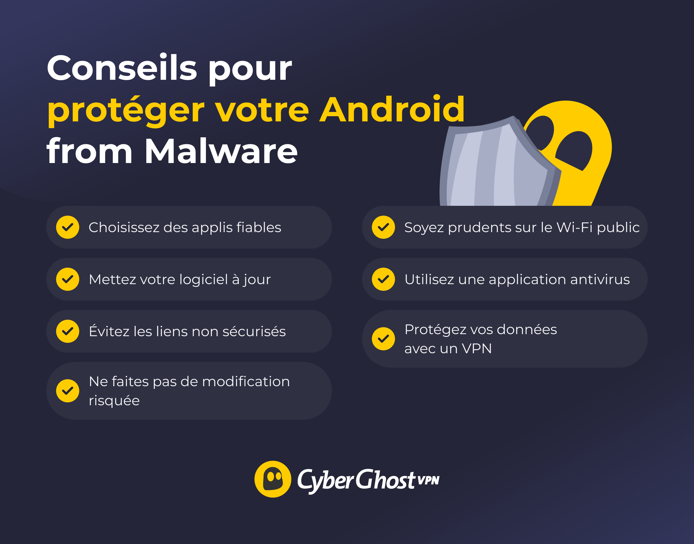 Infographie présentant 7 conseils pour protéger un téléphone Android contre les malwares