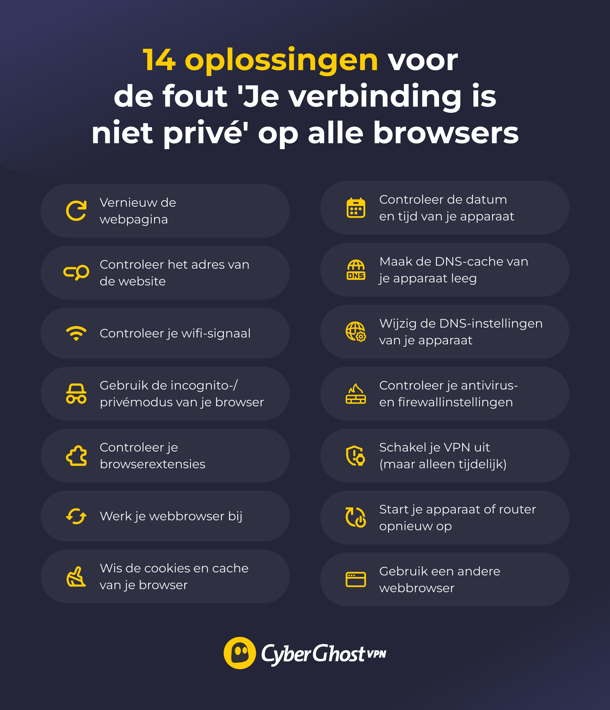Een infographic met 14 manieren om de fout 'Je verbinding is niet privé' op te lossen op alle browsers.