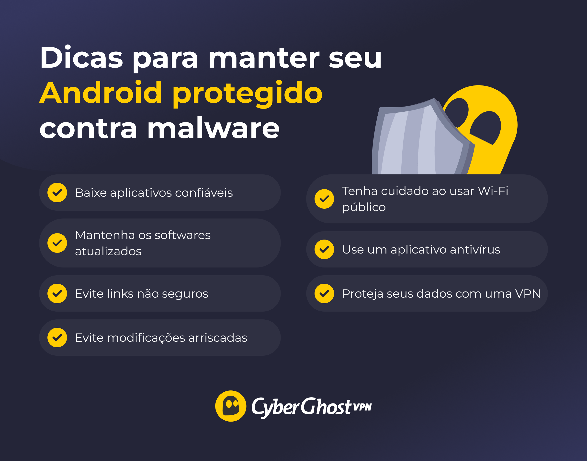 Um infográfico mostrando sete dicas para proteger um celular Android contra malware