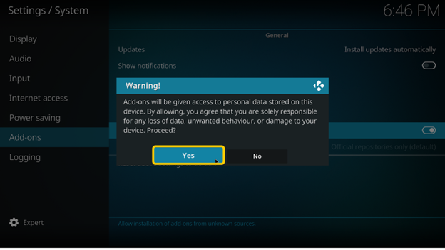 Screenshot mit der Warnmeldung zum Kodi-Add-on