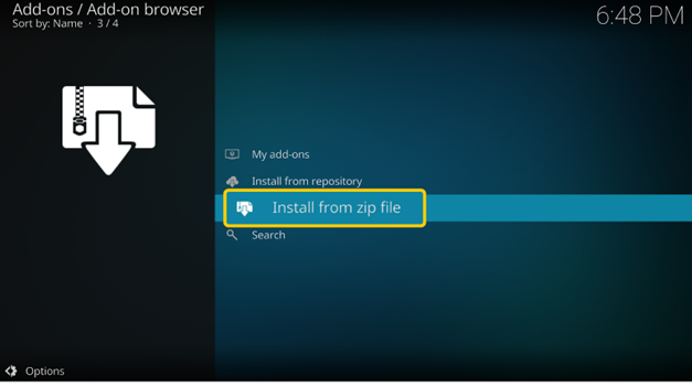 Screenshot, der die Option „Aus ZIP-Datei installieren” in Kodi zeigt.